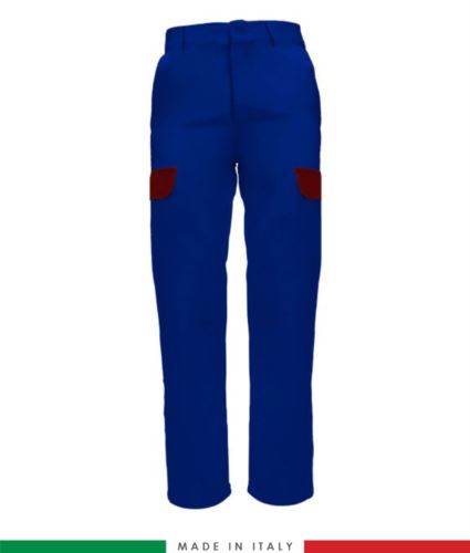 Pantalone multitasche bicolore. Made in Italy. Possibilità di produzione personalizzata. Colore: Azzurro Royal/Rosso