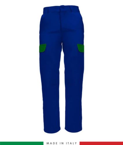Pantalone multitasche bicolore. Made in Italy. Possibilità di produzione personalizzata. Colore: Azzurro Royal/Verde Brillante