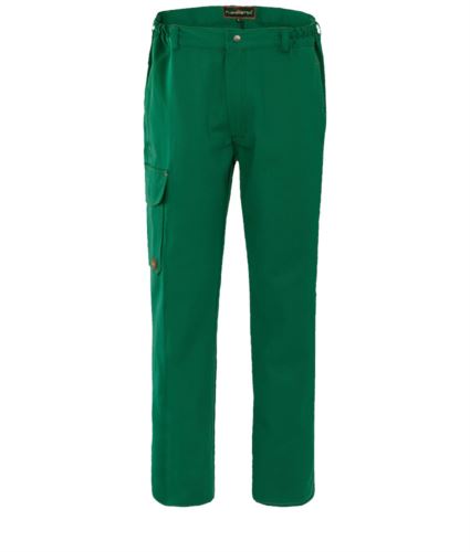 Pantalone da lavoro ignifugo, chiusura con bottoni, due tasche anteriori e una tasca posteriore, colore verde. Certificato EN 11611, EN 11612: 2009