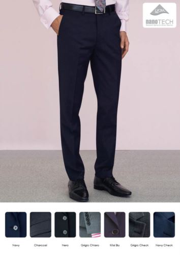 Pantalone elegante uomo modello slim fit, due tasche a filetto, tessuto in lana, Poliestere e lycra con trattamento antimacchia. Ottieni un preventivo gratuito.