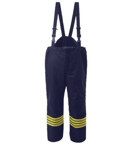 Pantaloni antincendio, bretelle non staccabili, vita elasticizzata, chiusura a rilascio rapido, colore blu navy. Certificato EN 469