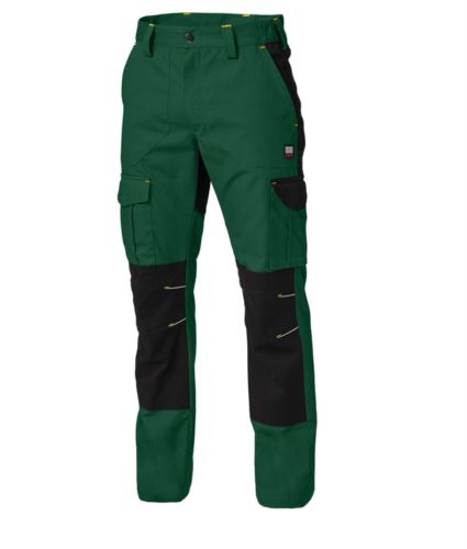 Pantalone da lavoro multitasche con vita elasticizzata, tasche davanti, tasconi laterali chiusi con pattina e bottoni a pressione, predisposizione per porta badge staccabile su tascone destro, tasca sul dietro destro chiusa con pattina e bottoni a pressione, porta martello sul dietro destro, tasca porta metro sul dietro destro, tessuto doppio su zona ginocchia, travette colorate in contrasto e dettagli reflex. Colore: Verde