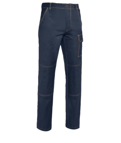 Pantaloni da lavoro multitasche 100% Cotone, cuciture a contrasto. Colore: Blu