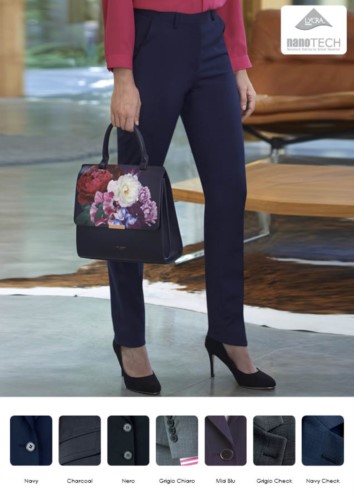 Pantaloni eleganti da donna modello slim fit, tessuto Poliestere e lana, con trattamento antimacchia. Ideali per receptionist, hostess, hotellerie.