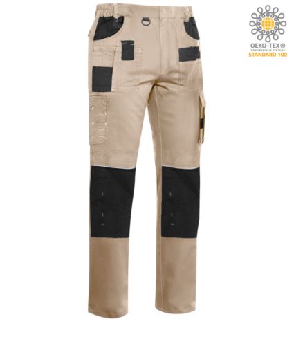 Pantaloni multitasche con dettagli e cuciture in contrasto, elasticizzato, colore beige/nero