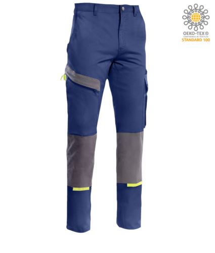 Pantaloni multitasche bicolore, possibilità di inserimento ginocchiera, dettagli in contrasto. Colore blu/grigio