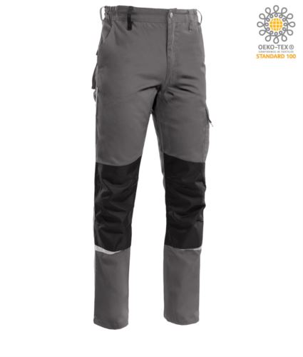 Pantaloni multitasche bicolore, piping rifrangente sotto il ginocchio. Colore Grigio scuro/Nero