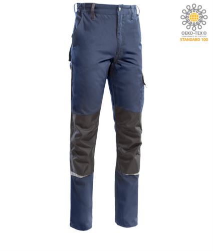 Pantaloni multitasche bicolore, piping rifrangente sotto il ginocchio. Colore Blu/Grigio