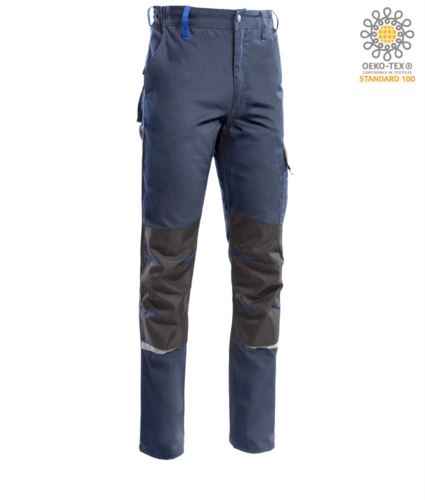 Pantaloni multitasche bicolore, piping rifrangente sotto il ginocchio. Colore Blu/Azzurro Royal