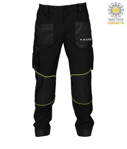 Pantaloni multitasche elasticizzato, con tessuto antistrappo, piping fluo rifrangente sulle gambe