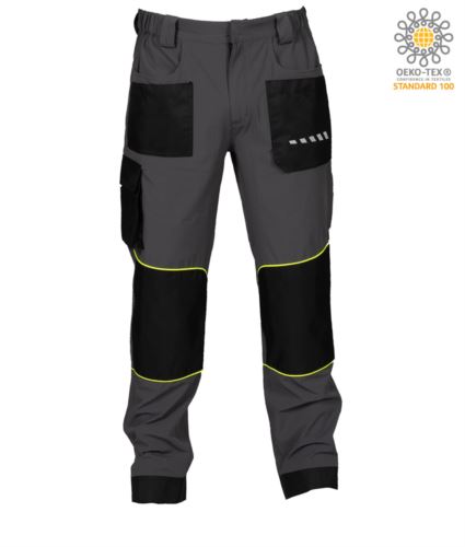 Pantaloni multitasche elasticizzato, con tessuto antistrappo, piping fluo rifrangente sulle gambe