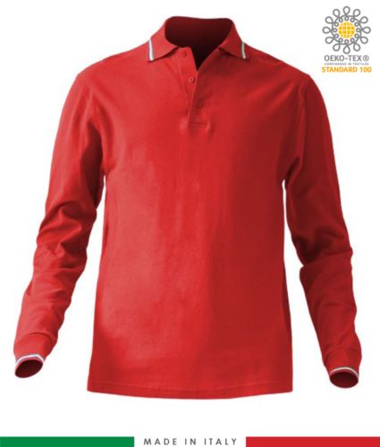 Polo piqué tricolore manica lunga, spacchetti laterali, tre bottoni in tinta, made in Italy, colore rosso