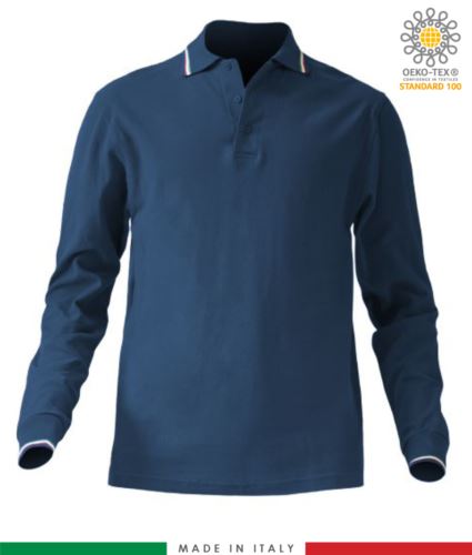 Polo piqué tricolore manica lunga, spacchetti laterali, tre bottoni in tinta, made in Italy, colore blu navy