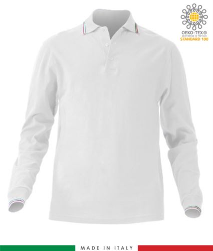 Polo piqué tricolore manica lunga, spacchetti laterali, tre bottoni in tinta, made in Italy, colore bianco