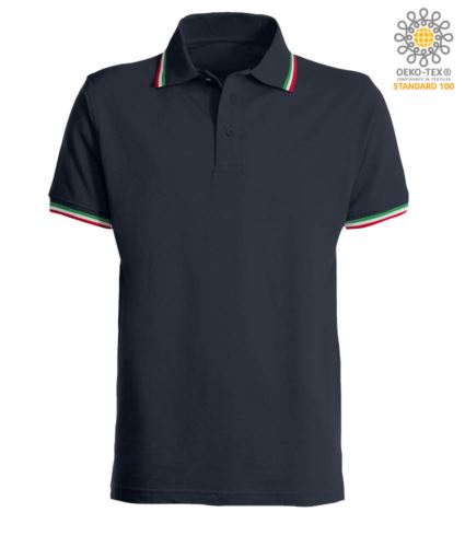 Polo manica corta con profilo tricolore sul colletto e fondo manica, in cotone. Colore blu navy