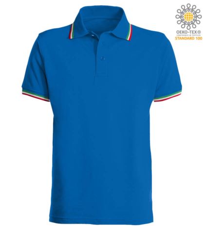 Polo manica corta con profilo tricolore sul colletto e fondo manica, in cotone. Colore azzurro royal