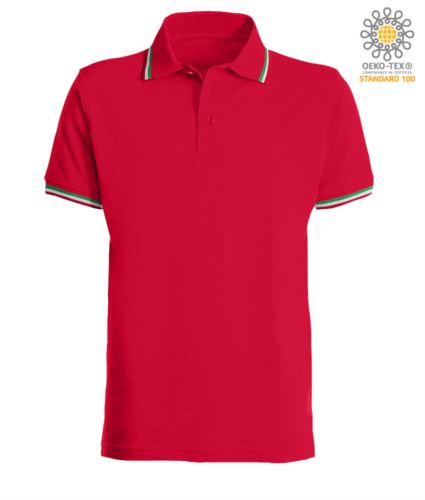 Polo manica corta con profilo tricolore sul colletto e fondo manica, in cotone. Colore rosso