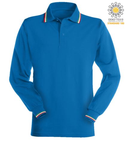 Polo a manica lunga con profili tricolore azzurro royal