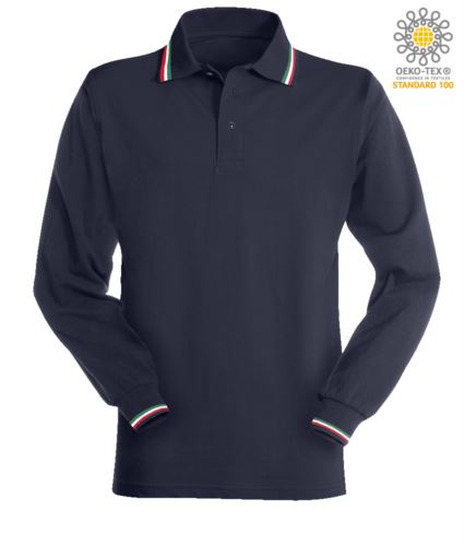 Polo a manica lunga con profili tricolore blu navy