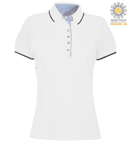 Polo da donna manica corta bicolore, interno collo e fessino in Oxford celeste, colletto e maniche con dettaglio in contrasto. Colore Bianco / Blu Navy