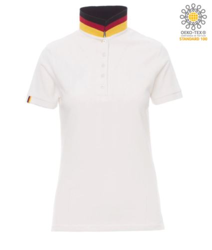 Polo a maniche corte donna in cotone Piquet, colletto con contrasto tricolore visibile a colletto alzato. Colore bianco/Germania