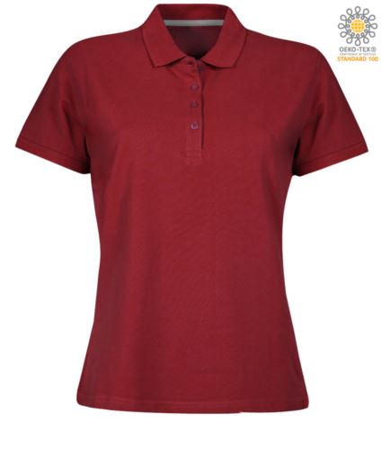 Polo donna a maniche corte chiusura quattro bottoni, 100% Cotone. Colore bordeaux