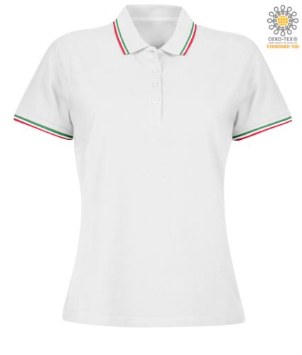 Polo donna manica corta con profilo tricolore sul colletto e fondo manica, in cotone. Colore Bianco