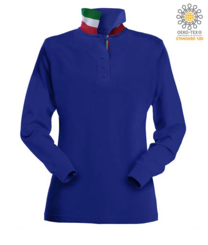 Polo manica lunga donna con elementi tricolore su colletto e fessino. Colore azzurro royal