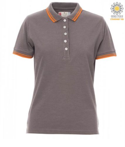 Polo donna da lavoro bicolore, collo e bordo manica in contrasto. Colore grigio mélange, bordino arancione