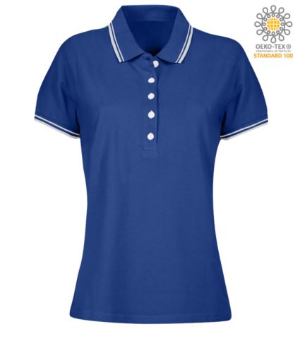 Polo donna da lavoro bicolore, collo e bordo manica in contrasto. Colore azzurro royal, bordino bianco