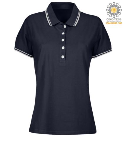 Polo donna da lavoro bicolore, collo e bordo manica in contrasto. Colore blu navy, bordino bianco