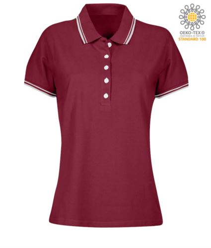 Polo donna da lavoro bicolore, collo e bordo manica in contrasto. Colore bordeaux, bordino bianco