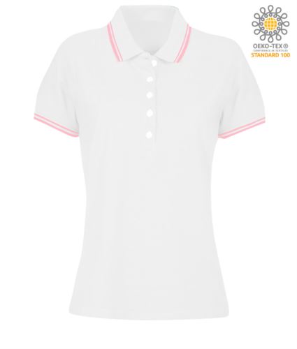 Polo donna da lavoro bicolore, collo e bordo manica in contrasto. Colore bianco, bordino fucsia