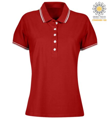 Polo donna da lavoro bicolore, collo e bordo manica in contrasto. Colore rosso, bordino bianco