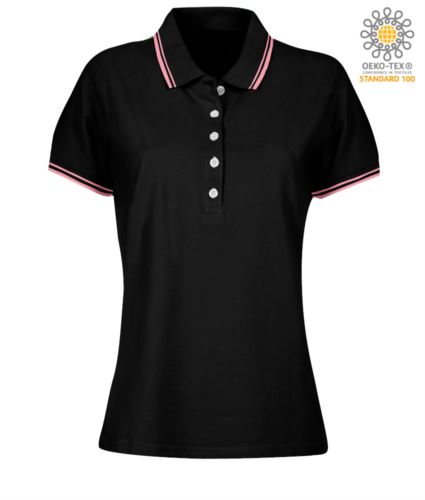 Polo donna da lavoro bicolore, collo e bordo manica in contrasto. Colore nero, bordino fucsia