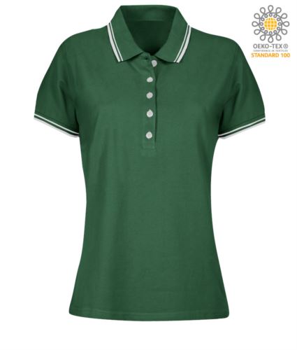 Polo donna da lavoro bicolore, collo e bordo manica in contrasto. Colore verde, bordino bianco