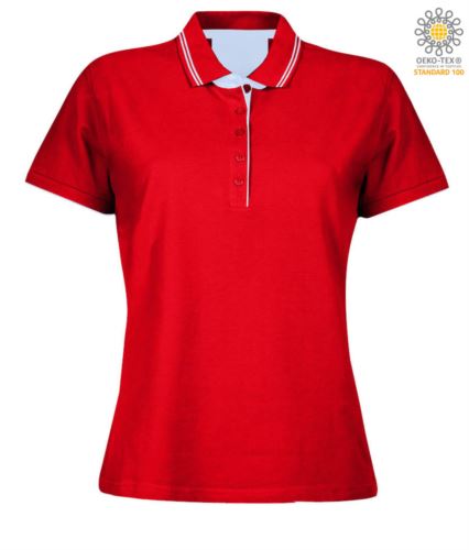 Polo manica corta in jersey donna, colletto e fondo manica in rib con doppio piping, rinforzo interno collo, colore rosso