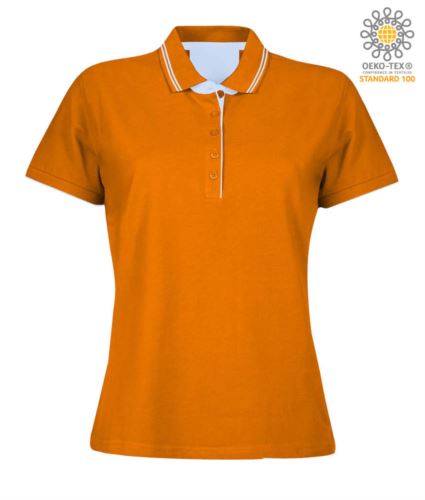 Polo manica corta in jersey donna, colletto e fondo manica in rib con doppio piping, rinforzo interno collo, colore arancione