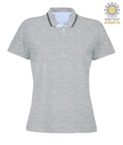 Polo manica corta in jersey donna, colletto e fondo manica in rib con doppio piping, rinforzo interno collo, colore grigio mélange