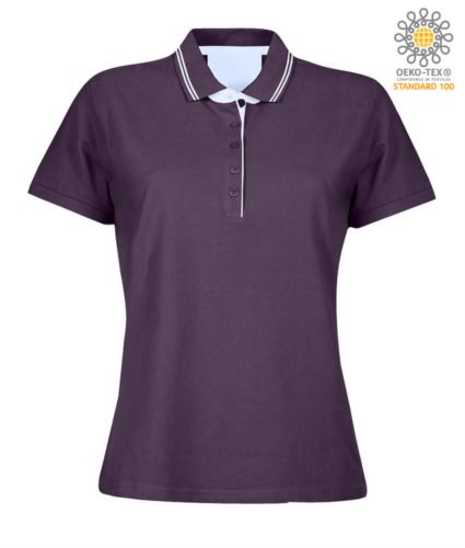 Polo manica corta in jersey donna, colletto e fondo manica in rib con doppio piping, rinforzo interno collo, colore viola