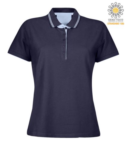 Polo manica corta in jersey donna, colletto e fondo manica in rib con doppio piping, rinforzo interno collo, colore blu navy