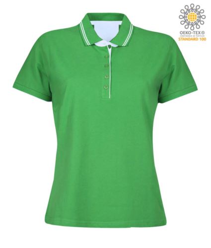 Polo manica corta in jersey donna, colletto e fondo manica in rib con doppio piping, rinforzo interno collo, colore verde chiaro