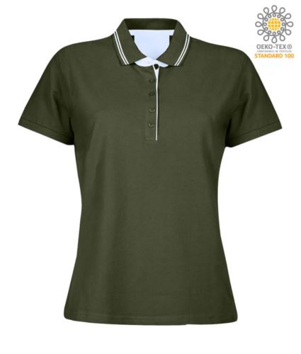 Polo manica corta in jersey donna, colletto e fondo manica in rib con doppio piping, rinforzo interno collo, colore verde militare