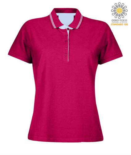 Polo manica corta in jersey donna, colletto e fondo manica in rib con doppio piping, rinforzo interno collo, colore fucsia