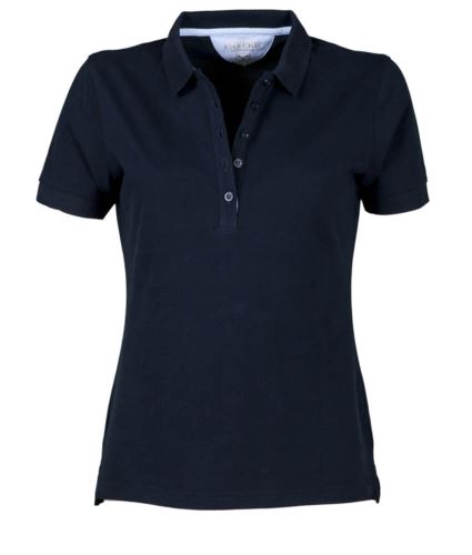 Polo donna maniche corte, chiusura cinque bottoni, colletto in rib, tessuto 100% cotone Piquet, colore blu navy