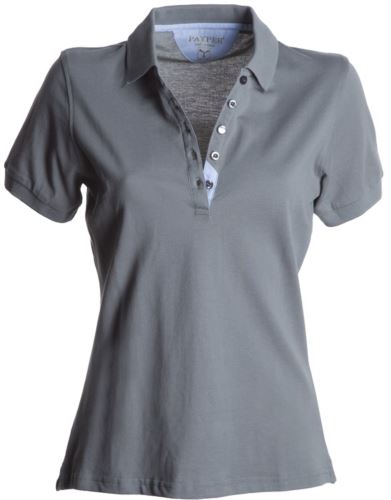 Polo donna maniche corte, chiusura cinque bottoni, colletto in rib, tessuto 100% cotone Piquet, colore grigio acciaio