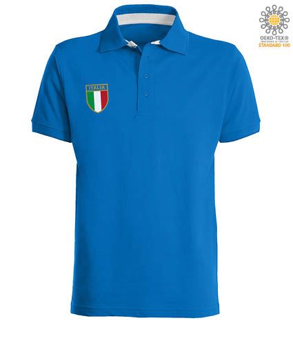 Polo manica corta in jersey, quattro bottoni, fascia colletto e fessino in contrasto, scudetto Italia sul petto, colore blu royal