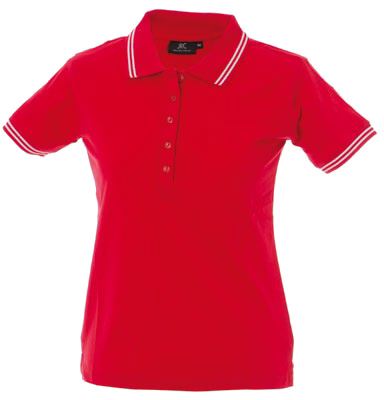 Polo manica corta in jersey donna, cinque bottoni, colletto e fondo manica in rib con doppio piping, colore rosso