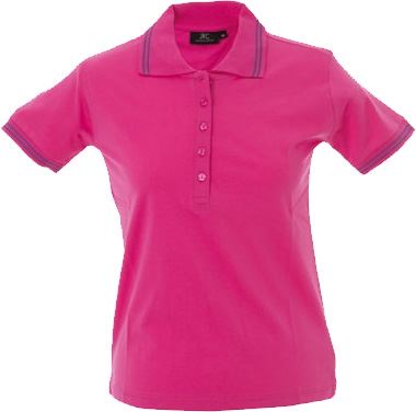 Polo manica corta in jersey donna, cinque bottoni, colletto e fondo manica in rib con doppio piping, colore rosa