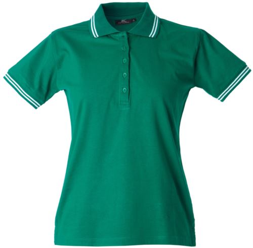 Polo manica corta in jersey donna, cinque bottoni, colletto e fondo manica in rib con doppio piping, colore verde Irlanda